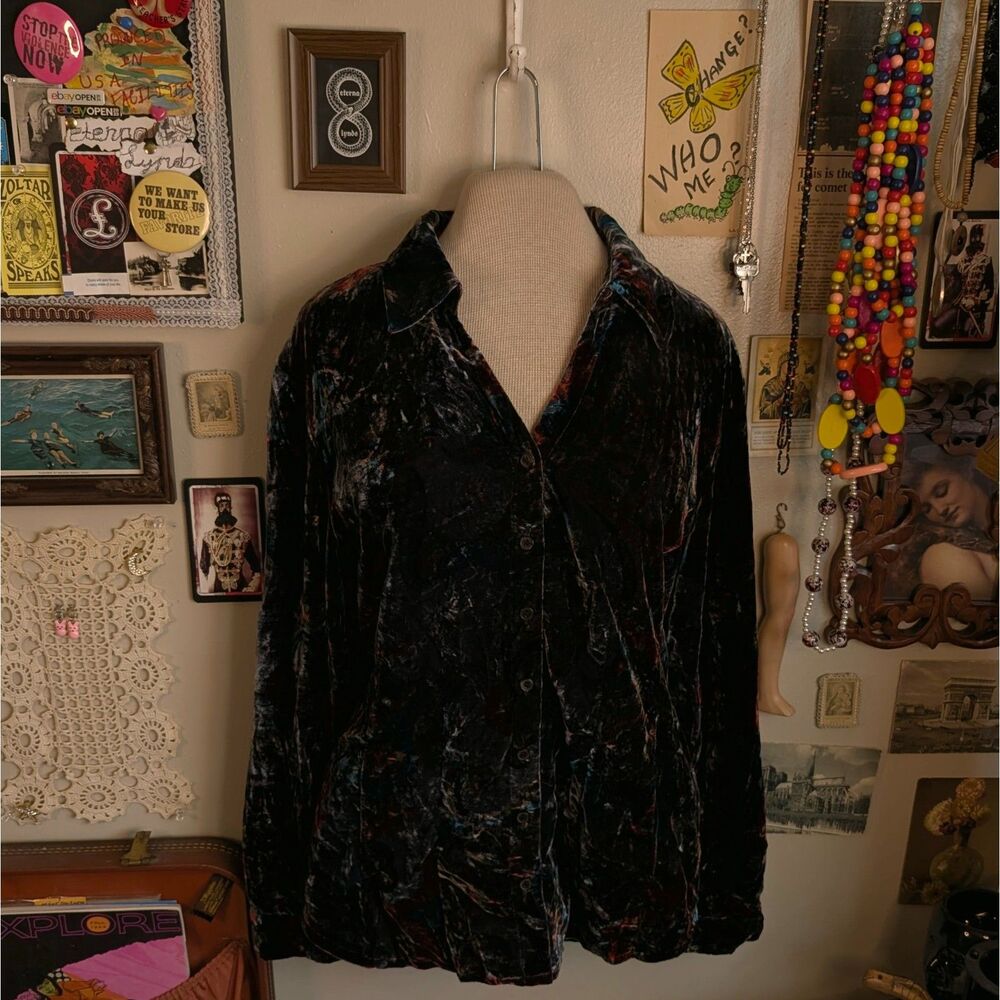 Crushed Velvet Button Up Shirt Women's Petite Large Black Blue